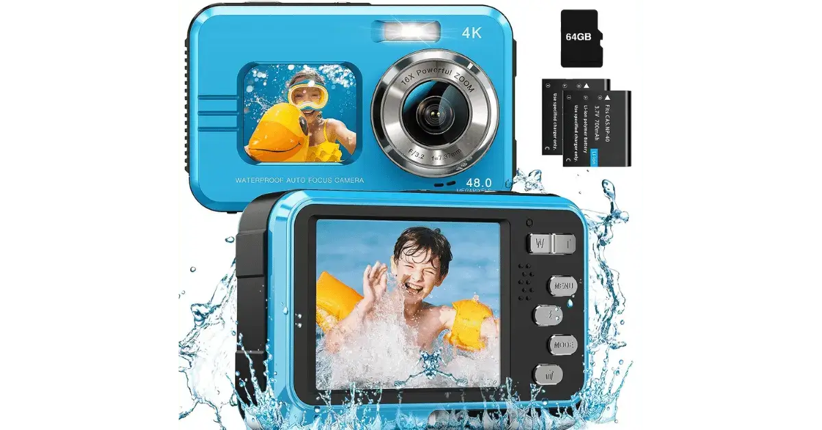 4K Waterproof Camera Underwater Camera 64GB Card Included Dual Screens Selfie 48MP 16X Digital Zoom Digital Camera Fill Light 11FT Underwater Camera for Snorkeling Kids with 2 Batteries